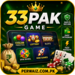 33PAK Game APK feature image with casino-style mobile games, color prediction, slot games, spin wheel, and Perwaiz.com.pk branding for Android users in Pakistan