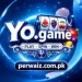 YO Game APK logo with slot machine symbols, colorful fruits, glowing blue background, and perwaiz.com.pk domain for Android gaming app 2026