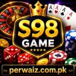 S98 Game casino-themed promotional image with golden logo, roulette wheel, poker cards, dice, poker chips, and perwaiz.com.pk domain at the bottom.