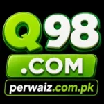 Q98.com gaming logo with bright green and white 3D text on a black background, featuring the domain name slotspak.com.pk at the bottom in bold stylish font.
