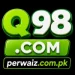Q98.com gaming logo with bright green and white 3D text on a black background, featuring the domain name slotspak.com.pk at the bottom in bold stylish font.