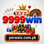 9999Win casino logo image with poker cards, roulette wheel, slot machine, casino chips, VIP badge, dice, and perwaiz.com.pk domain banner on white background