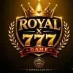 A regal gold and black emblem for "ROYAL X 777 GAME" featuring a prominent crown, laurel wreath, and the domain "PERWAI.COM.PK" at the bottom.